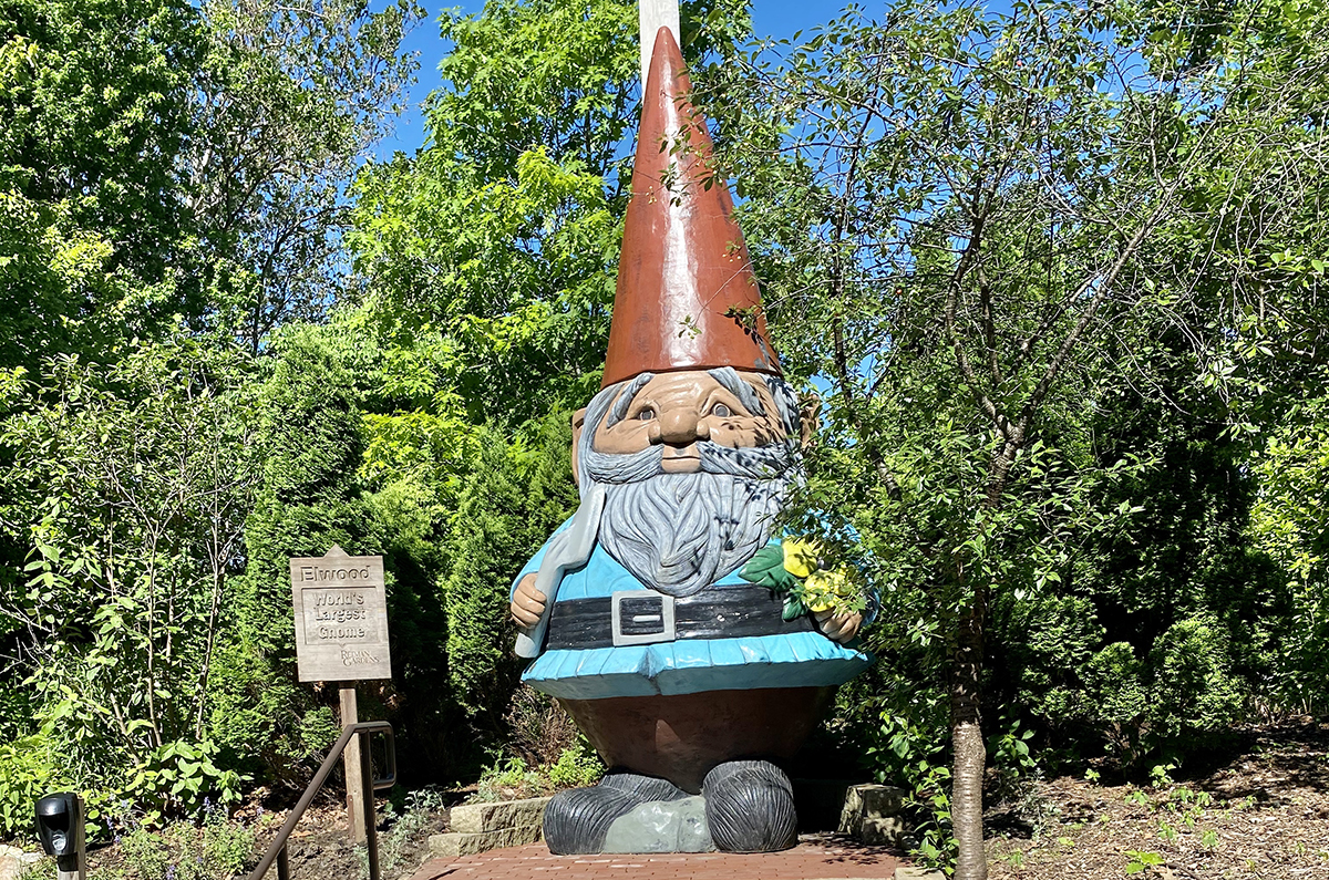  Elwood the World's Tallest Concrete Gnome with a red hat, blue shirt, and black pants during summer