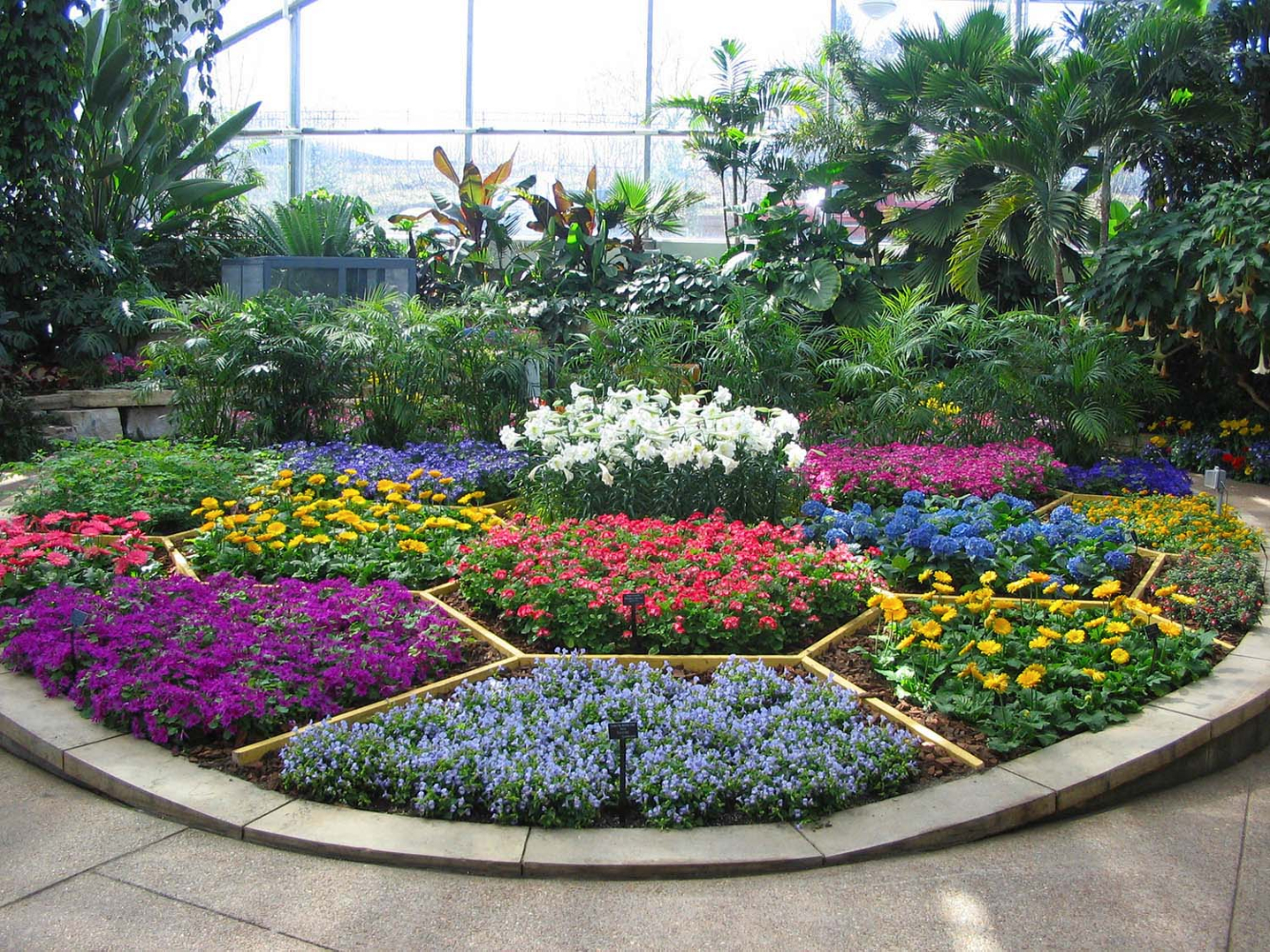 Conservatory complex with brightly colored flowers in the center display area.