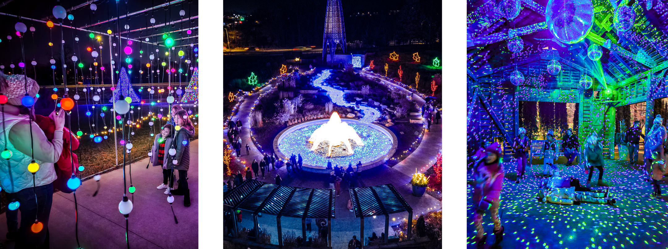 Families enjoying displays at a holiday light show 