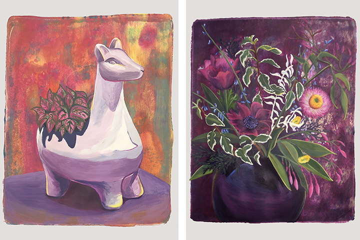 paintings of flowers and decorative planters