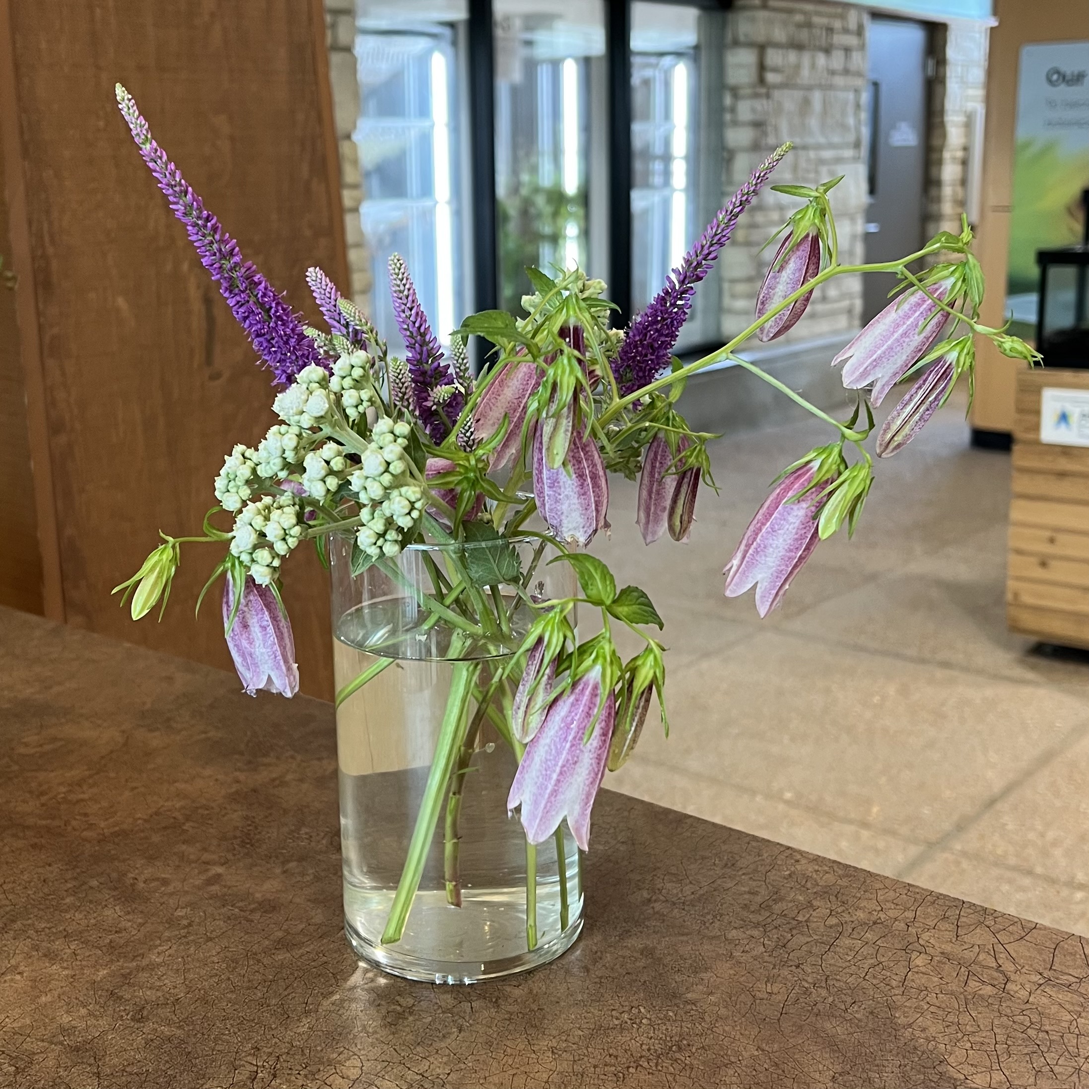 A bouquet with white, purple, and pink textured flowers