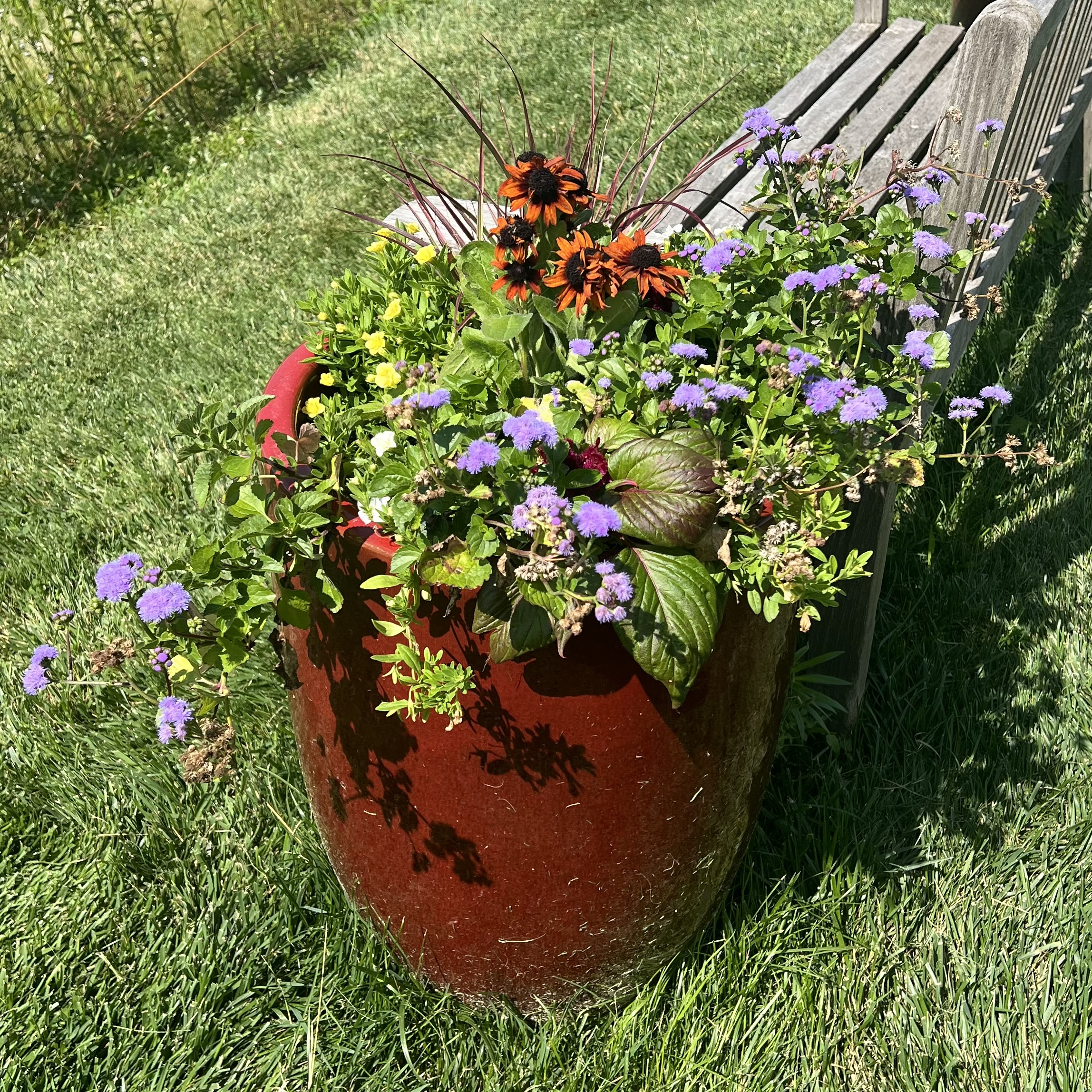 a red container with various colorful flowers inside