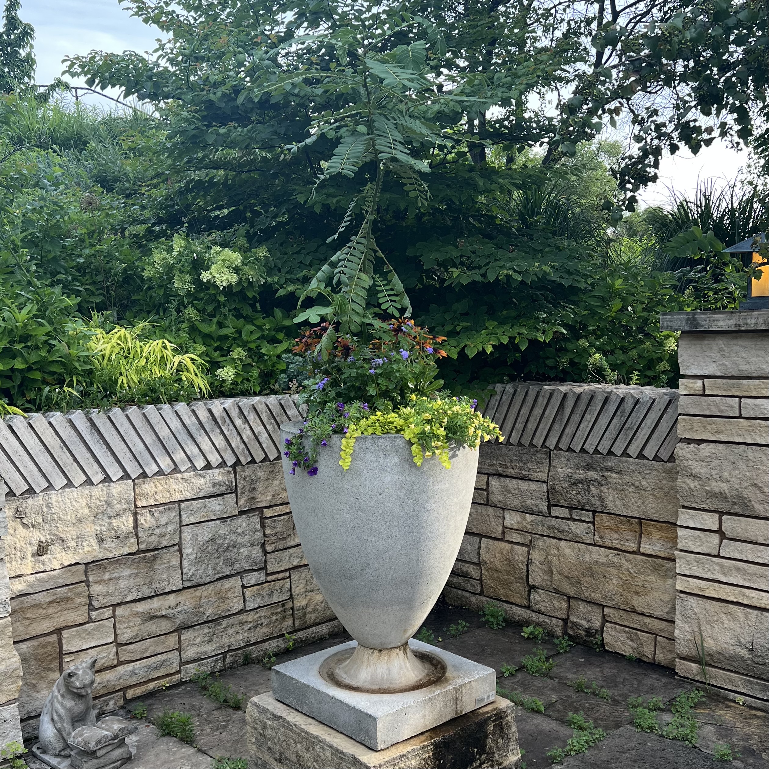 A large, stone container with a mix of tall and spilling foliage and flowers