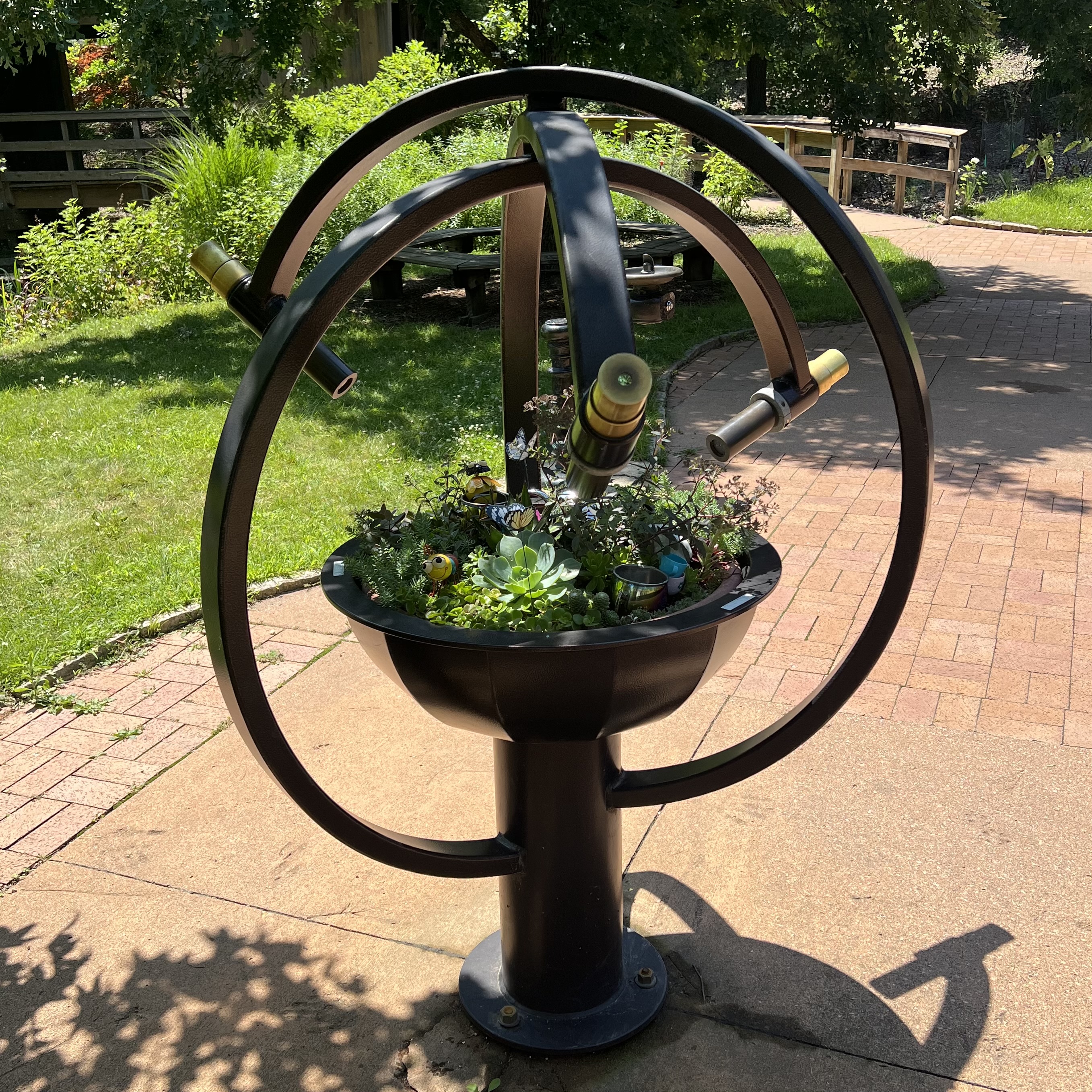A sculptural planter with various succulents and cacti inside