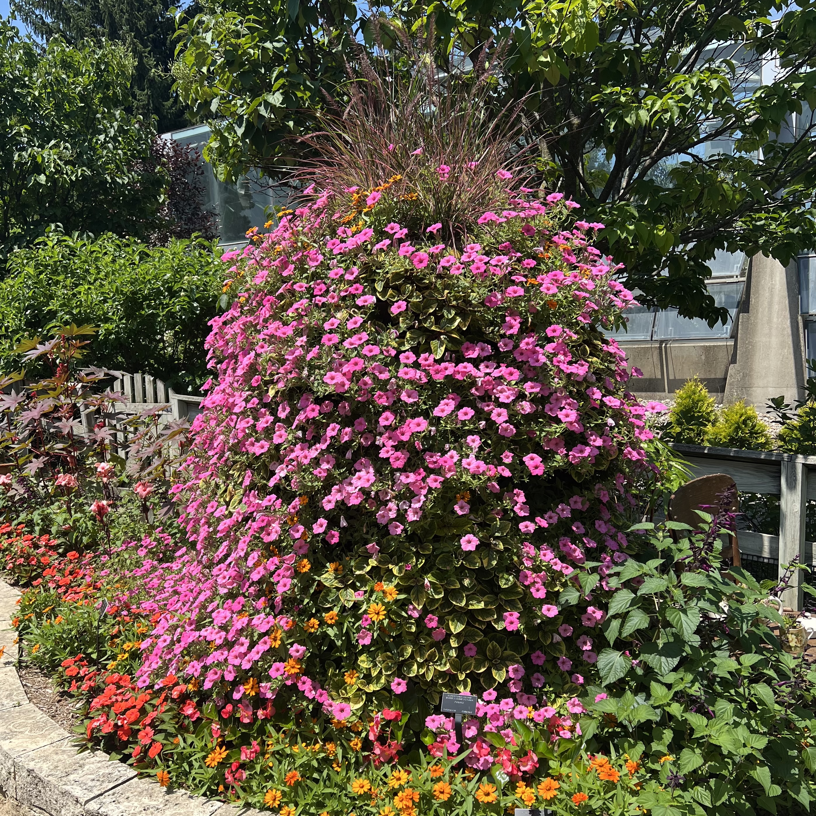 A flower tower with trailing pink and orange flowers