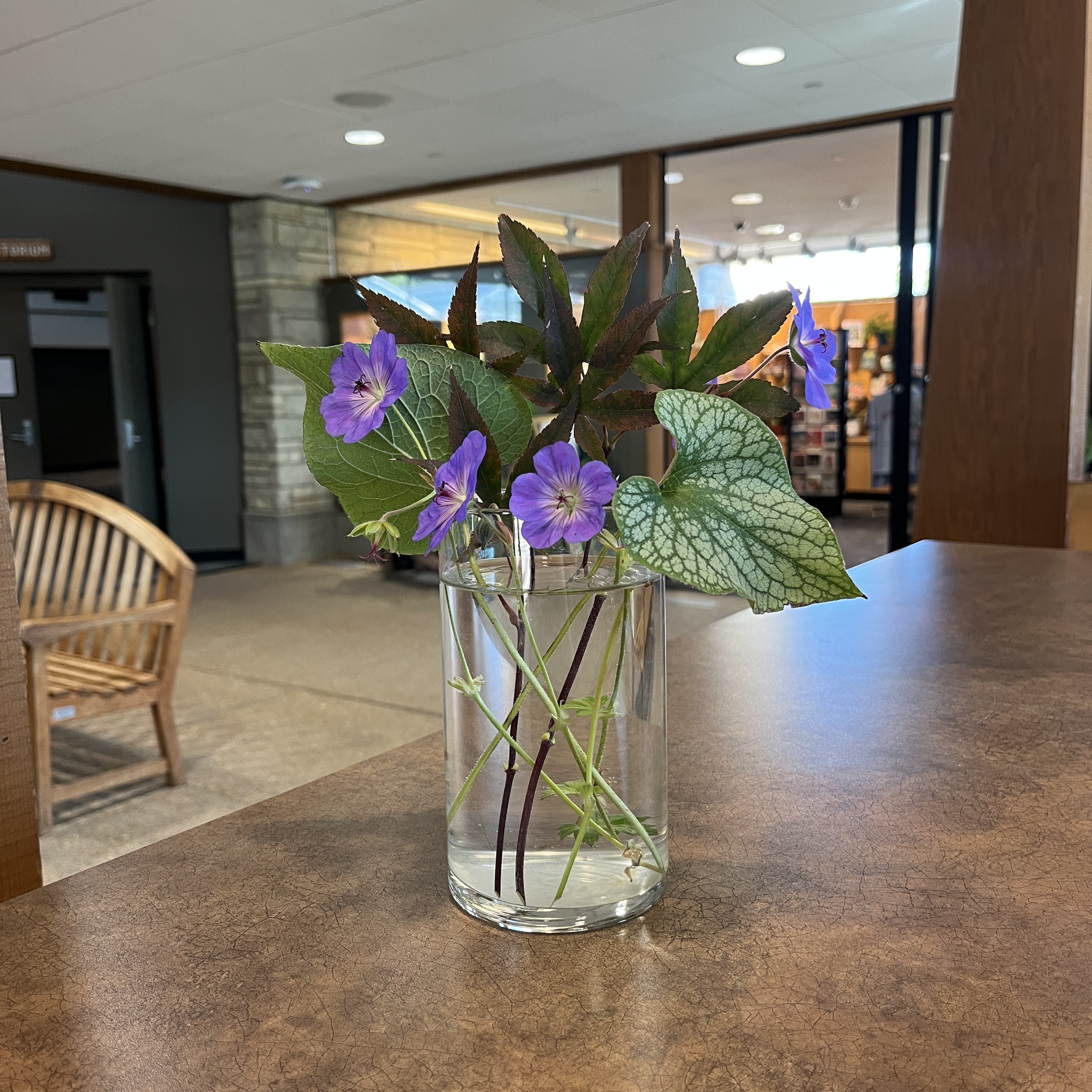 Bouquet with purple flowers and green plants.