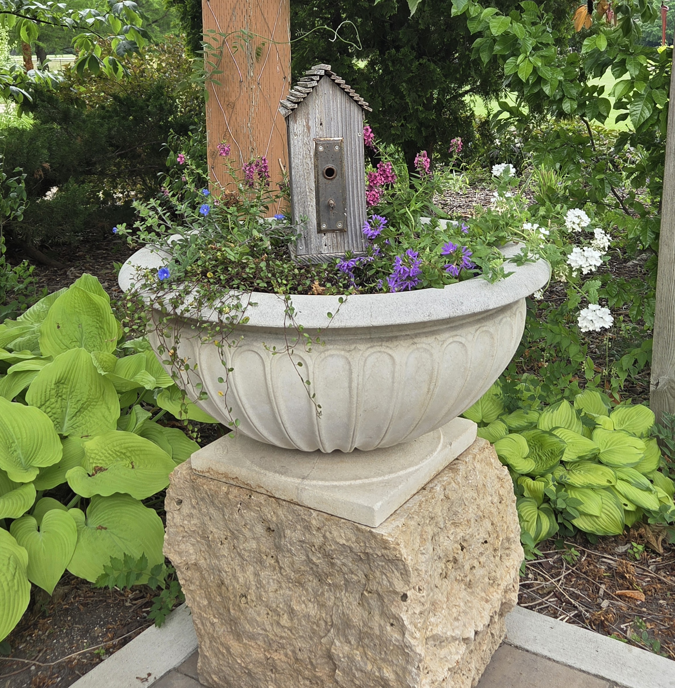 An urn container with a birdhouse and multiple small plants