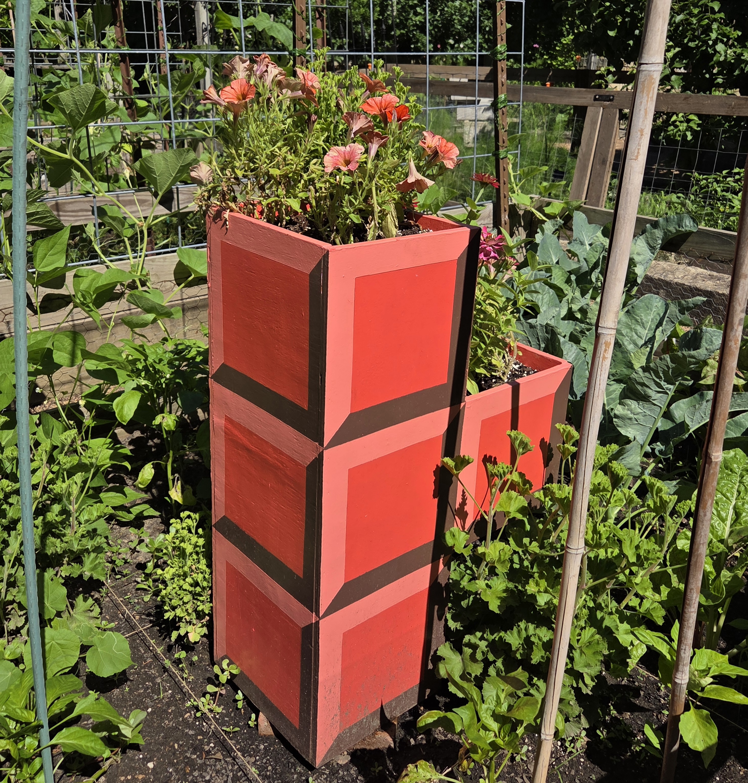 A T-shaped tetris block container with Geranium, Petunia, and Zinnia