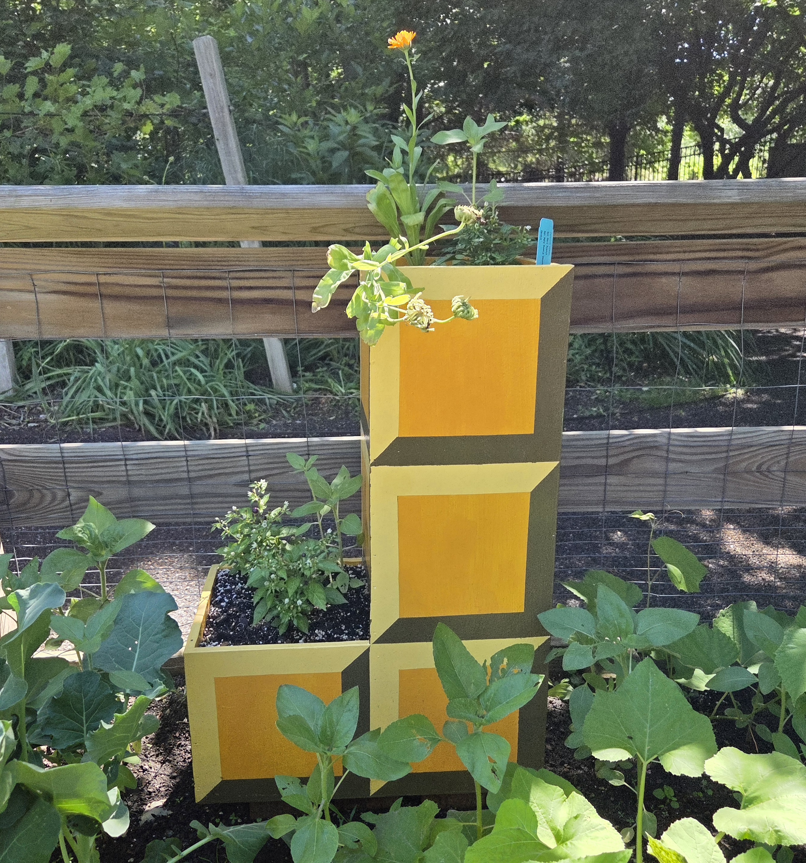 A yellow L-block Tetris container with Pepper, Sunflower, and Marigold