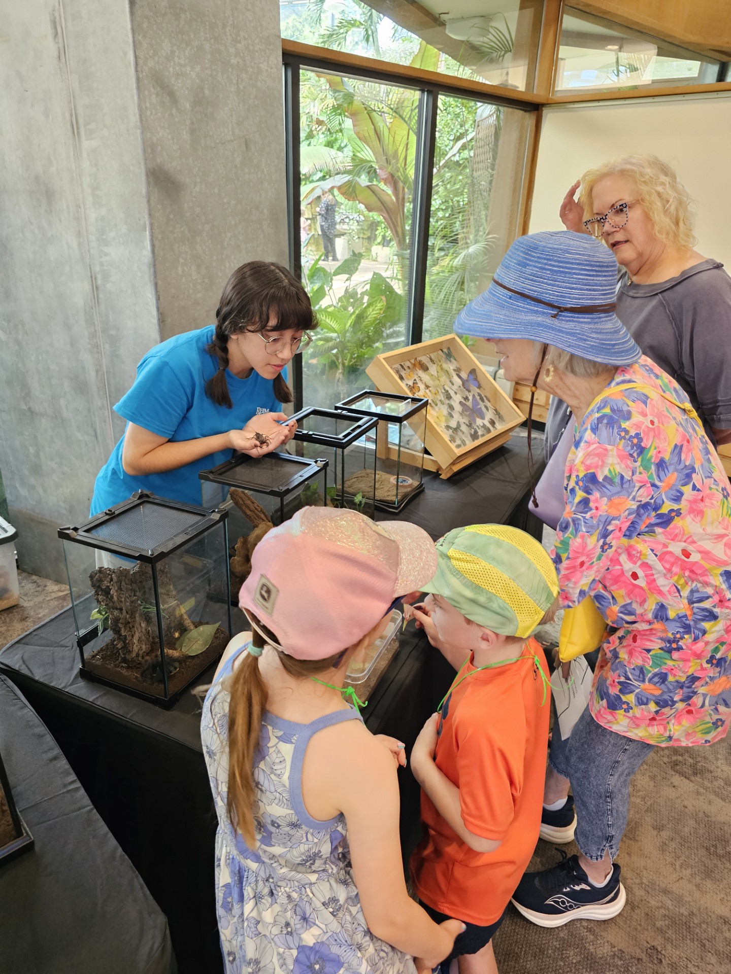 children and adults crowd around a table with insects displayed in cases. A Reiman Gardens employee shares information from behind the table.