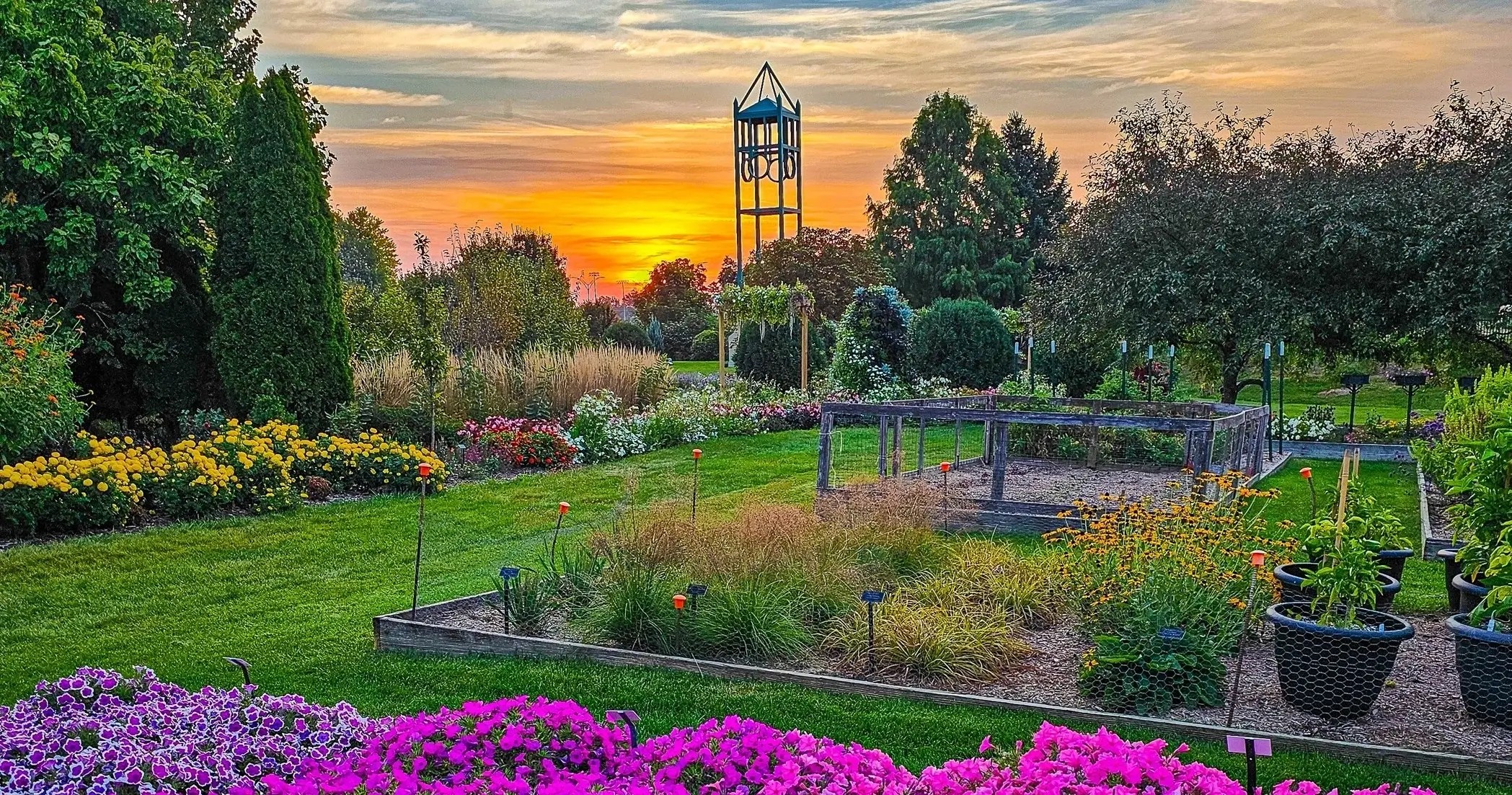Beautiful sunrise over a public garden with a campanile in the background