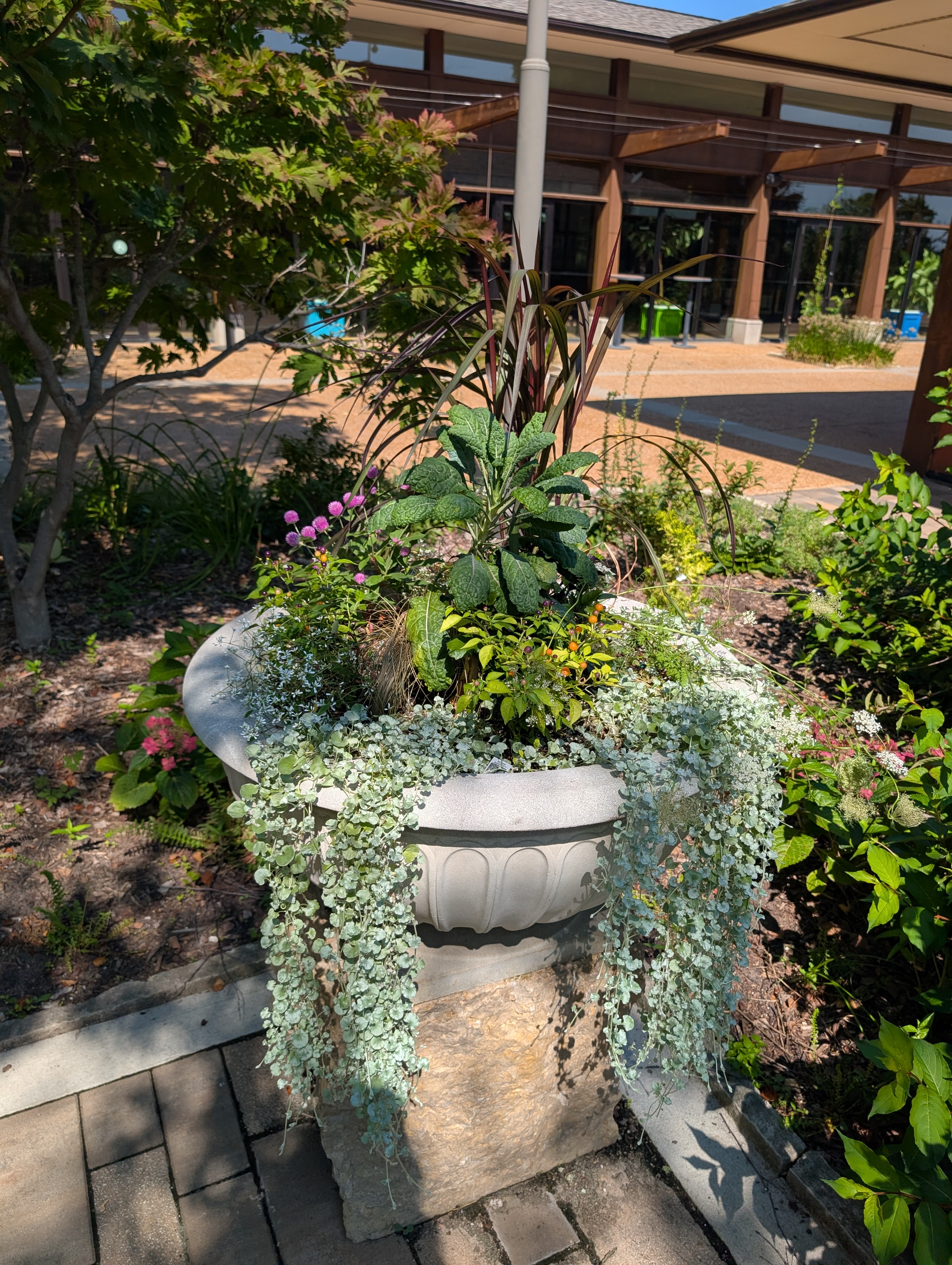 Tall urn container with fall plants