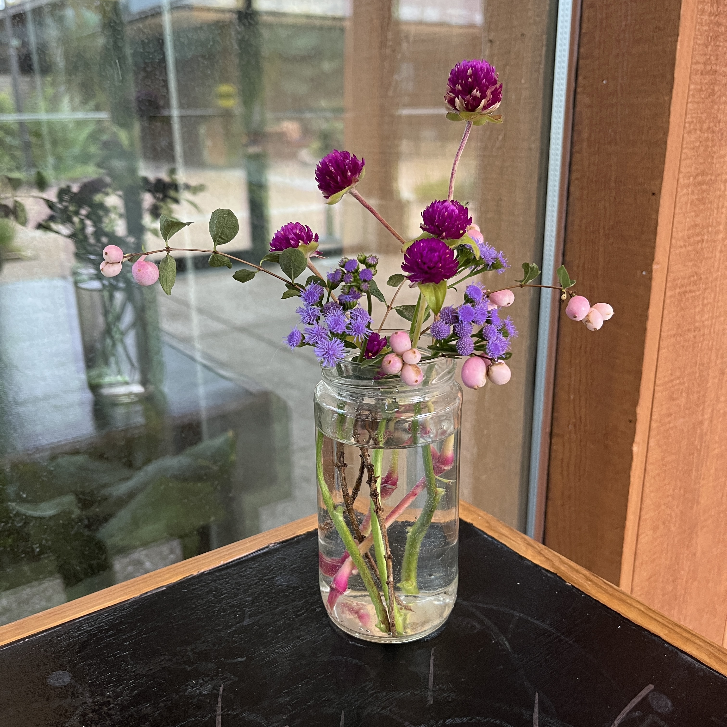 Bouquet with purple flowers.