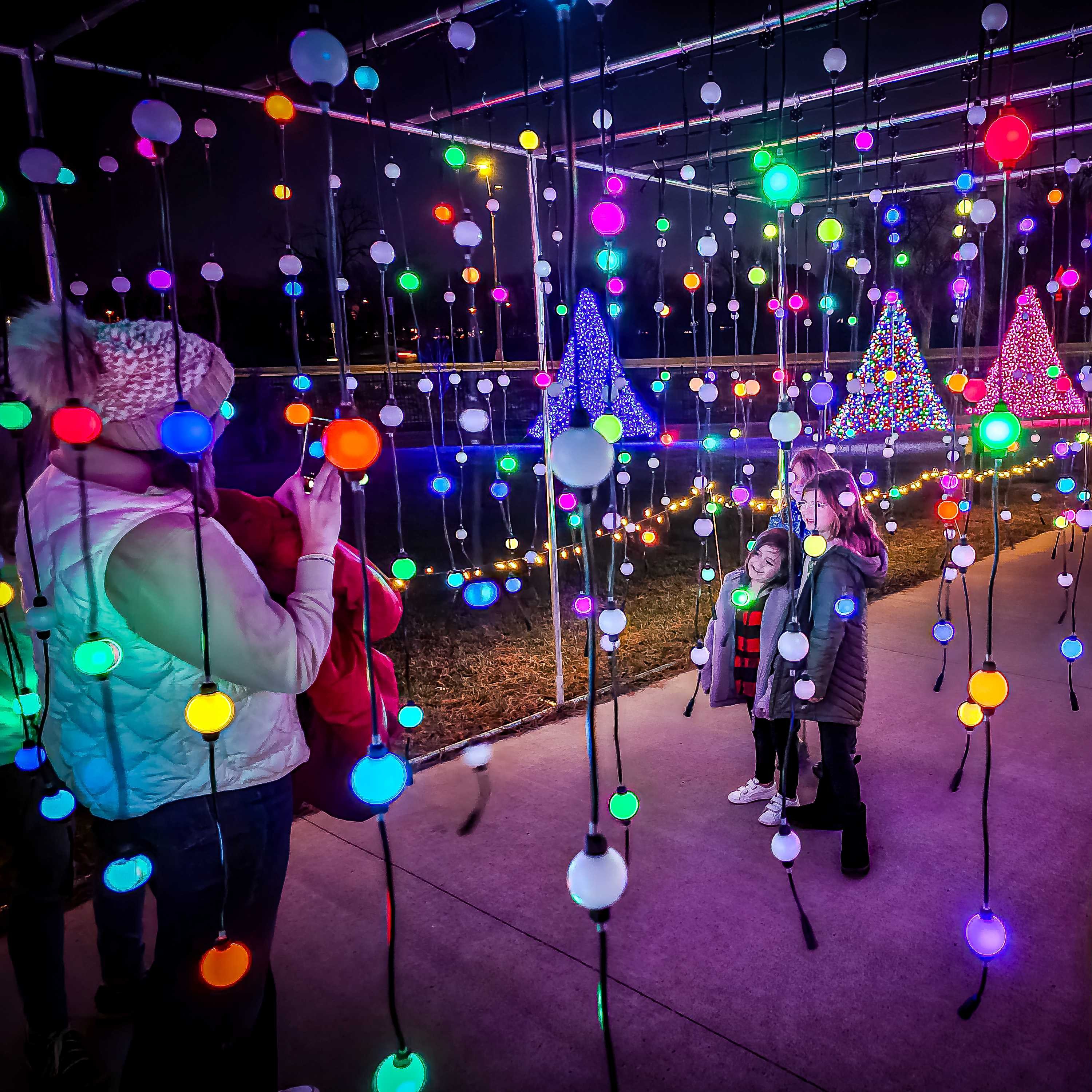 Children posing for a picture inside a lighted display at a holiday light show