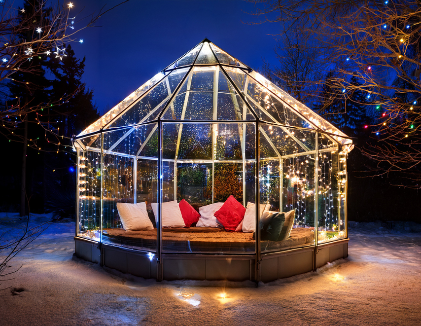 Octagonal greenhouse decorated with string lights and pillows in a snowy outdoor setting. 