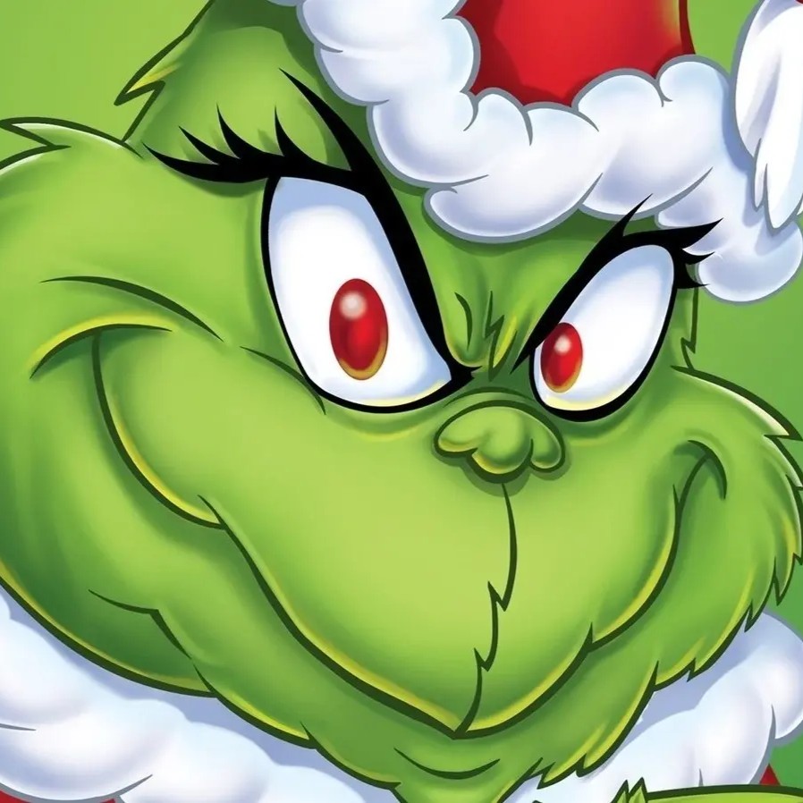 Close up of the Grinch cartoon character
