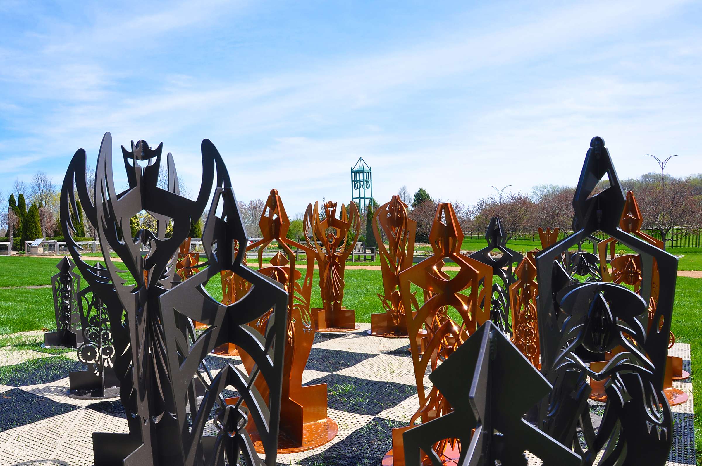 Food Web Chess set with Campanile in the background.