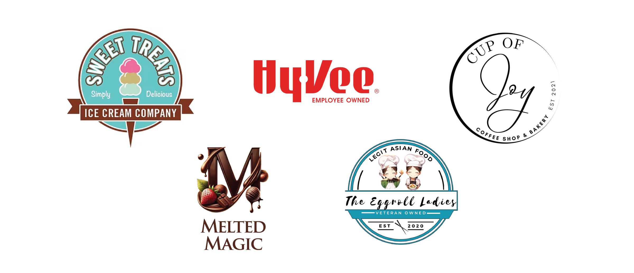 Logos for HyVee, Cup of Joy, and Sweat Treats