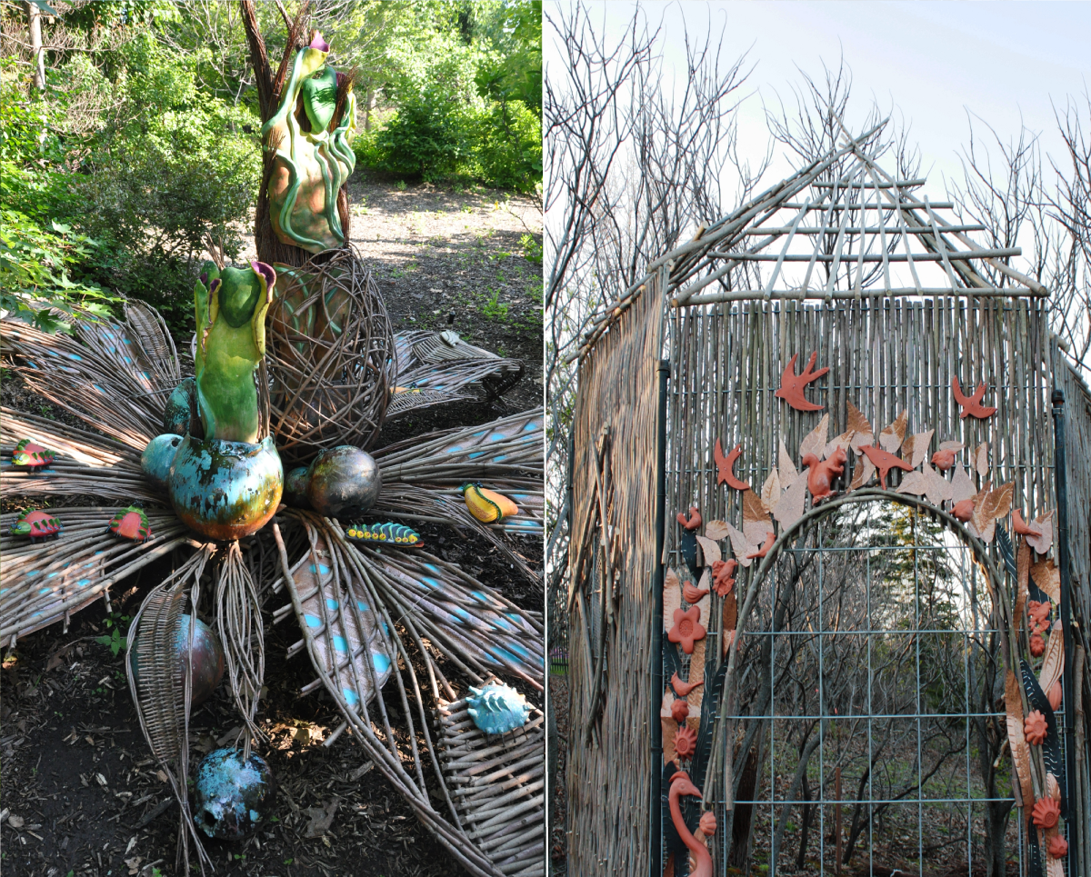 two photos: one of an alien-like plant sculpture, one of a garden gateway made from willow branches