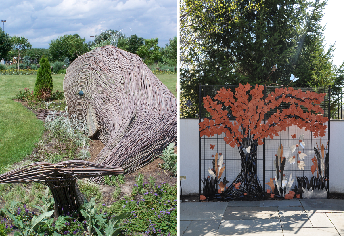 two photos; one of a whale made from willow branches, the other of a 2d metal sculpture of an oak tree