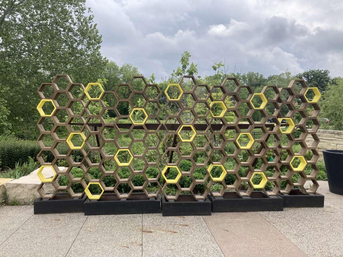 a freestanding wall of hexagon-shaped interlocking spaces, some painted yellow