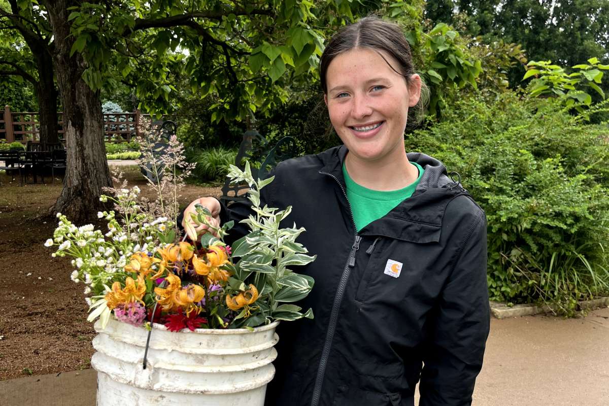 Creating flower bouquets from cut flowers around the gardens.