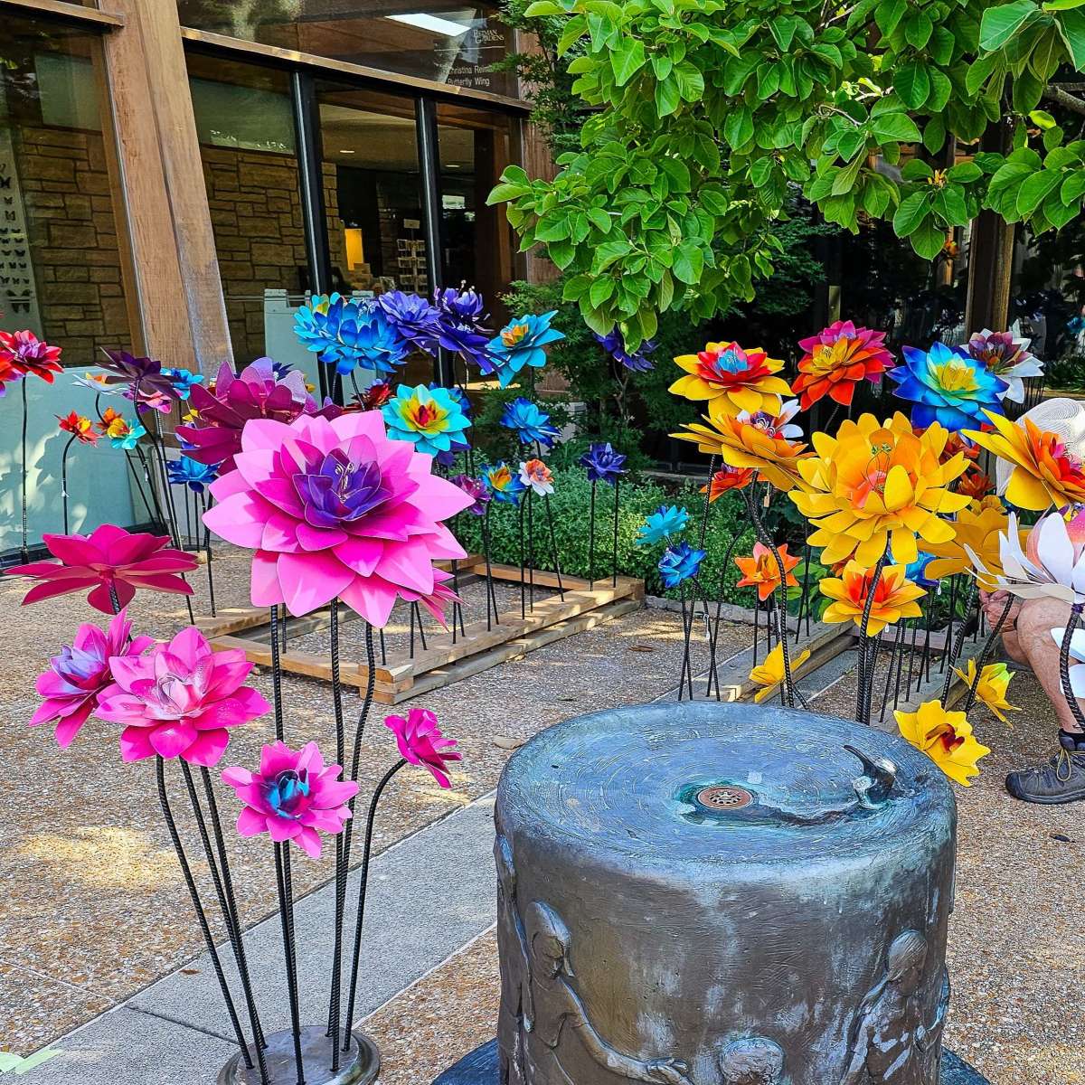 Colorful metal flower sculptures