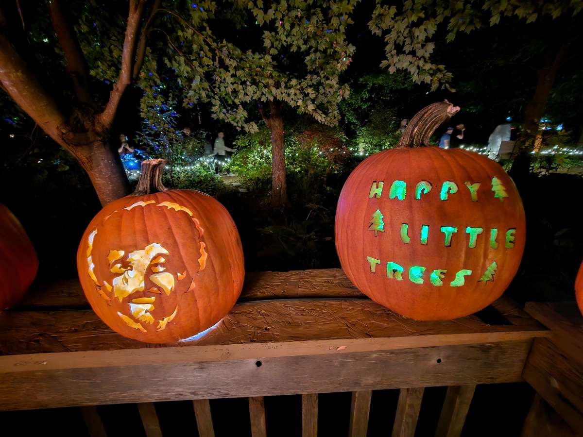 Two carved pumpkins sit on a wooden railing at night, one featuring a detailed face and the other with the words "HAPPY LITTLE TREES" and tree shapes carved into it.