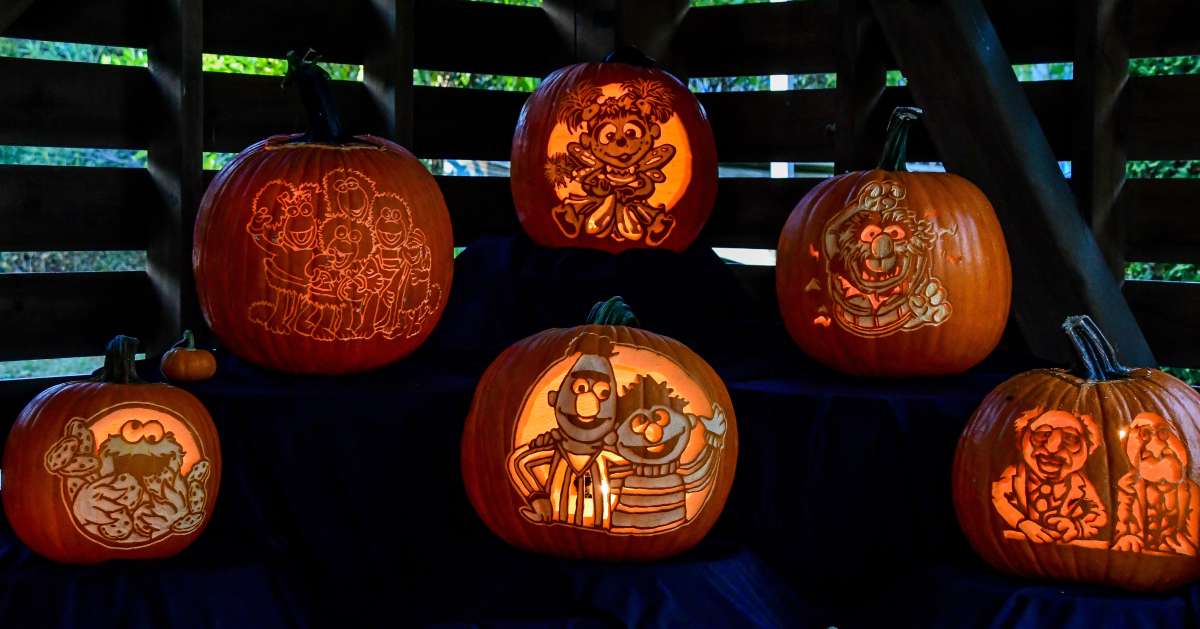 Intricately carved jack-o-lanterns featuring muppet characters