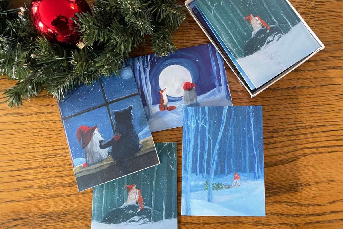 Illustrations of gnomes in winter scenes