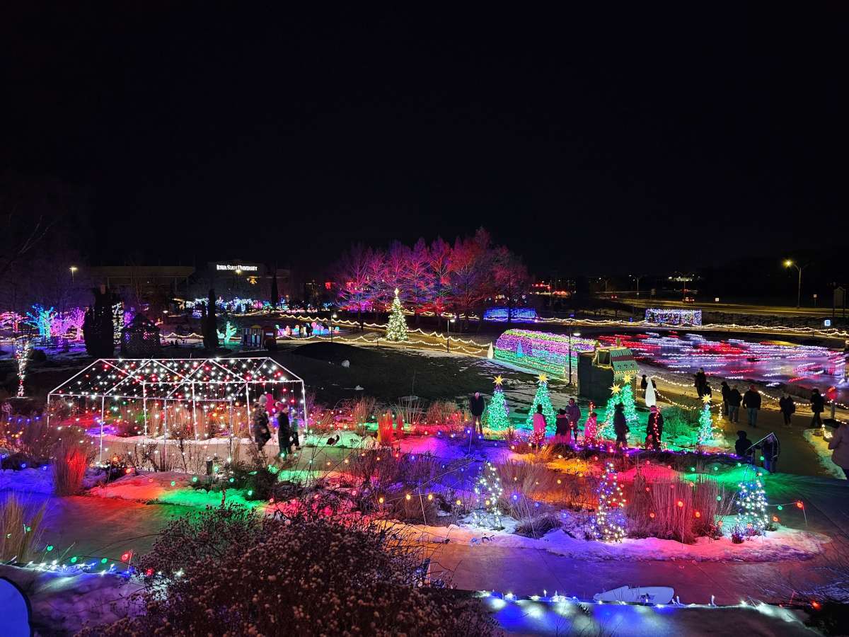 View of a holiday light show from up on a hill.