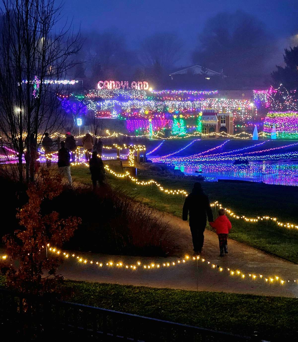 View of a Candy Land light display on a distant hill