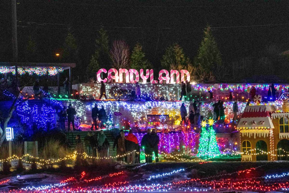 Colorful lighted Candy Land display in a holiday light show