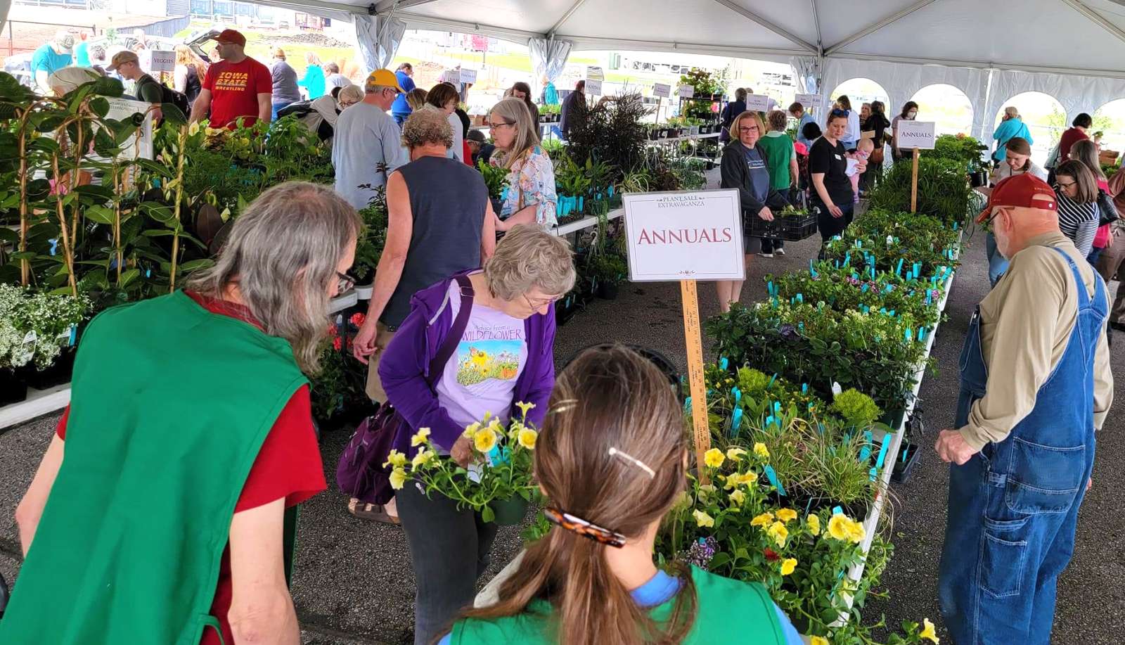 People buying plants under white tent