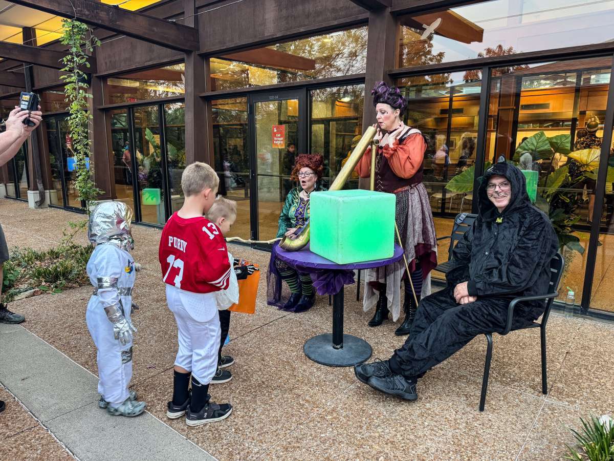 Volunteers dressed up in costume pass out candy to children at Spirits in the Gardens.