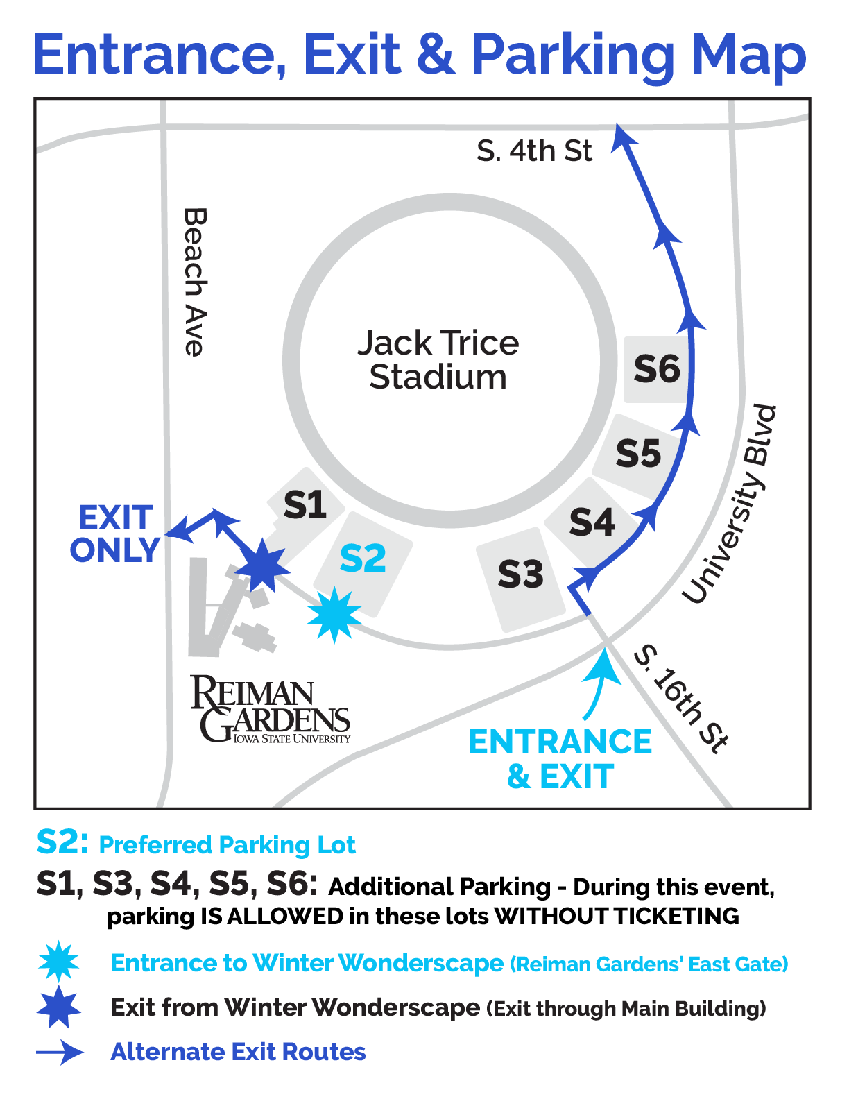 Displays a map of where to park for Winter Wonderscape