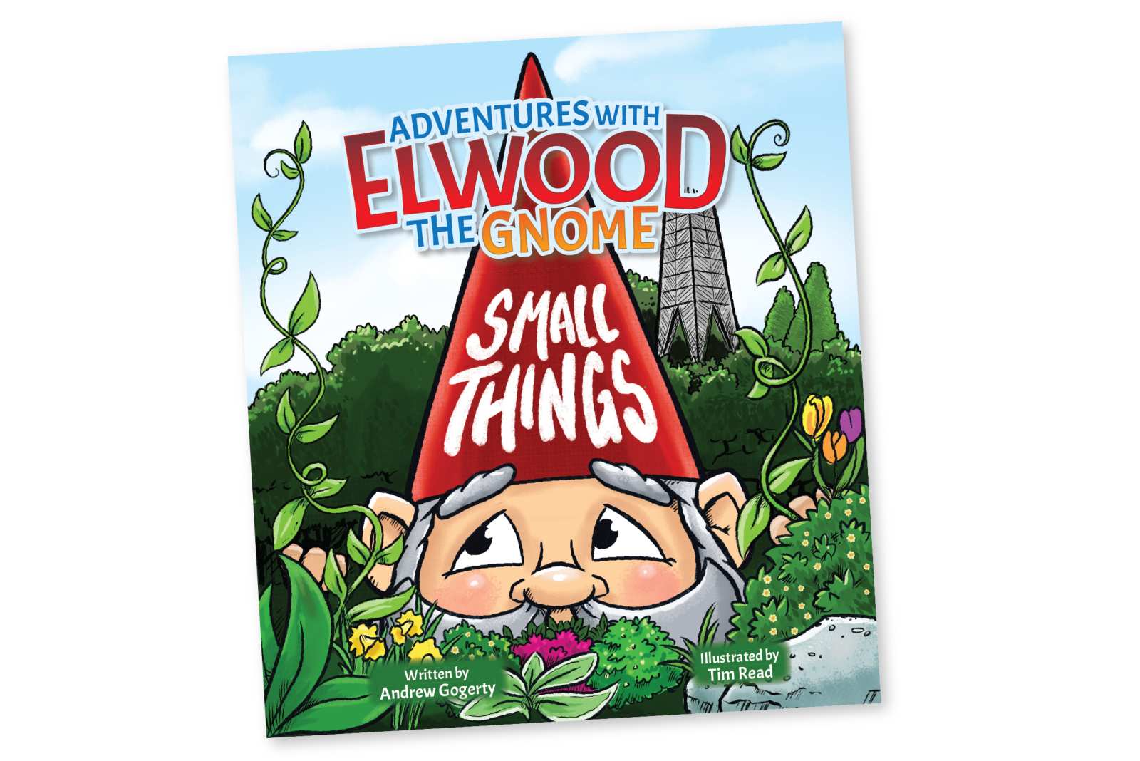 Book cover for Adventures with Elwood the Gnome: Small Things, with picture of a gnome's head in a garden