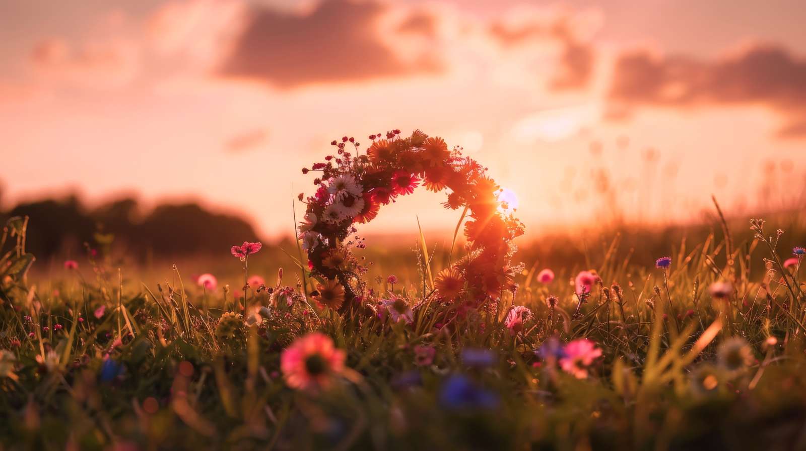 Sunset in a field with flowers and a wreath