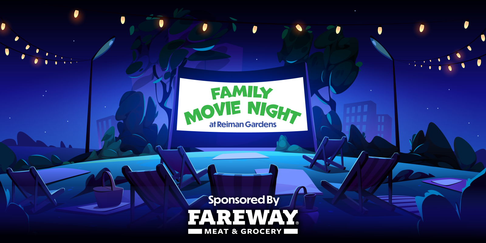 Illustration of lawn chairs in front of an outdoor movie screen at night