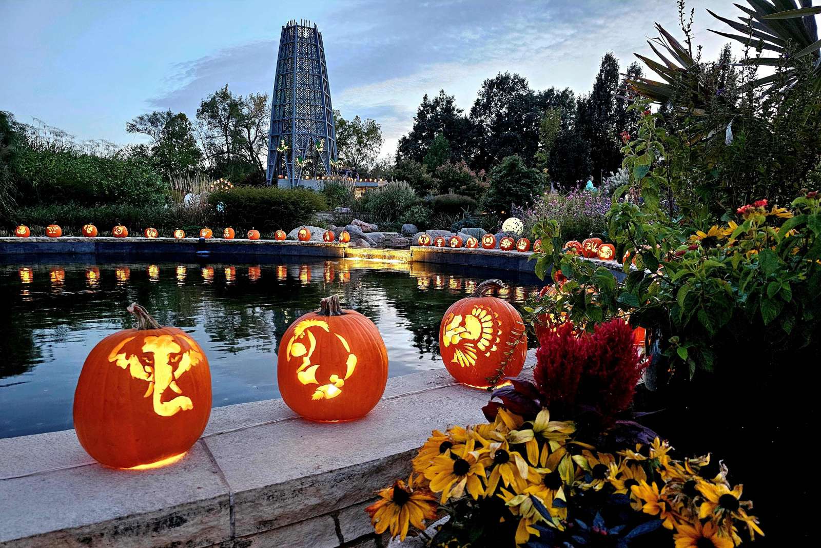 Lit Jack-o-lanterns circling a pond in a garden area with plants and a tower.