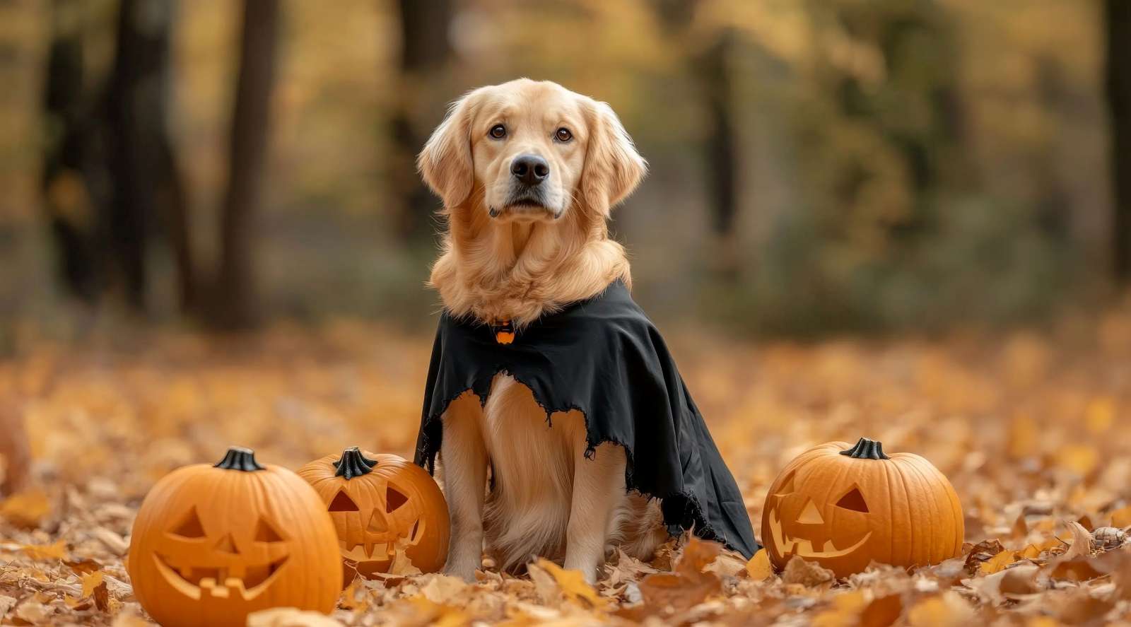 Golden retriever dog dressed in a cape with jack-o-lanterns around in a forest