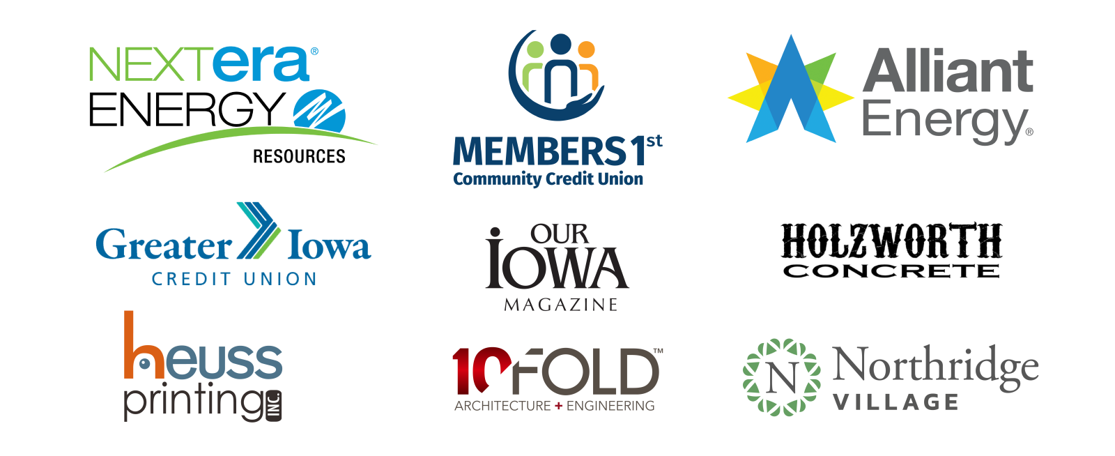 Logos for Winter Wonderscape sponsors ALLIANT ENERGY, NORTHRIDGE VILLAGE, MEMBERS 1ST CREDIT UNION, HOLZWORTH CONCRETE, GREATER IOWA CREDIT UNION, NEXTERA ENERGY, 10 FOLD ARCHITECT, and HEUSS PRINTING